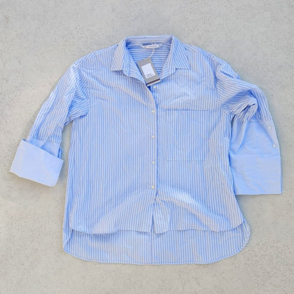 NWT Zara Trafaluc Striped Oversized Asymmetric Hem 100% Cotton Shirt. M